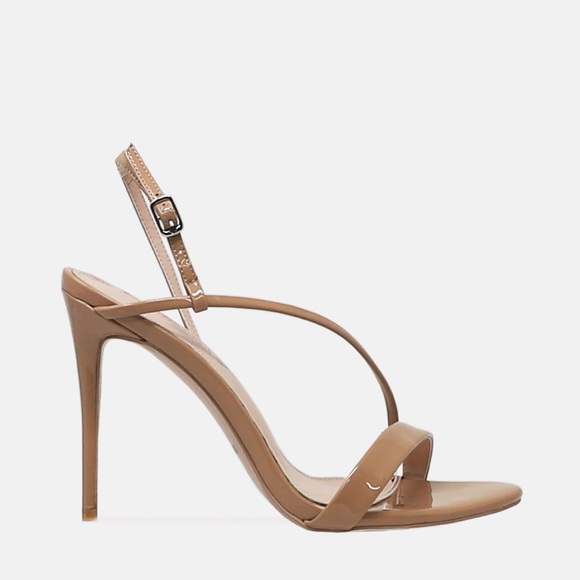 Women’s Barely There High Heel Stiletto Sandals in Nude Faux Patent Leather - Picture 2 of 11